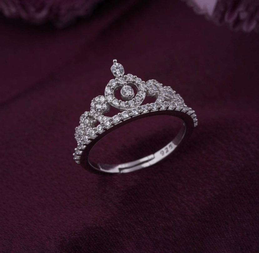 ZALKARI Silver Crown Diamond Studded Ring (Adjustable)
