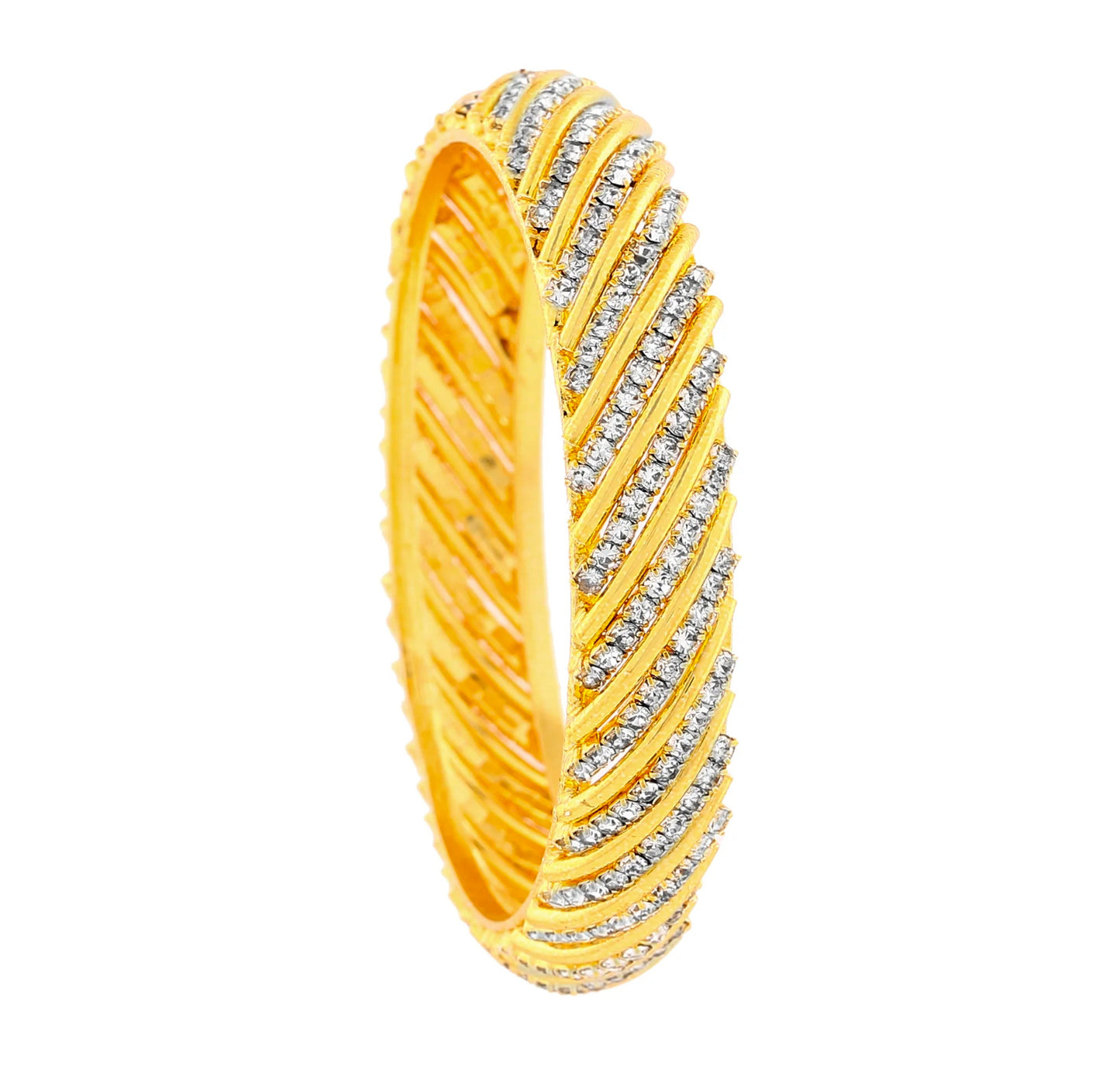 Gold Plated Stylish Chunky Traditional 2:4 Size Bangles with Premium White American Diamonds woman