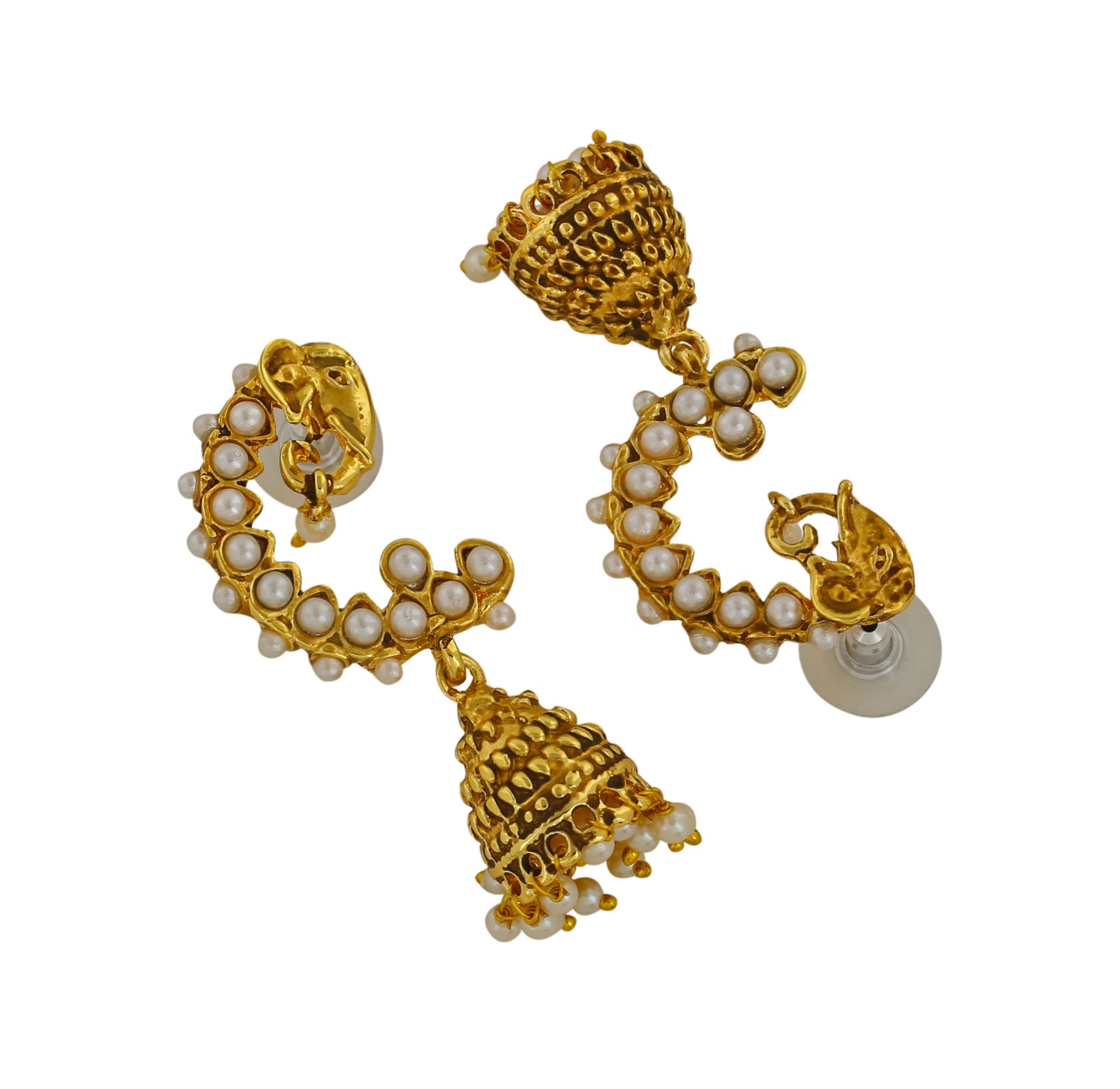 Gold Plated Elephant Designer Traditional Jhumka Earrings with White Pearls for Girls & Women