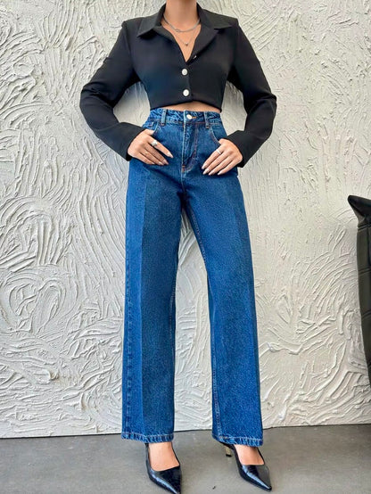 Women's Blue Washed Baggy Straight Fit Jeans