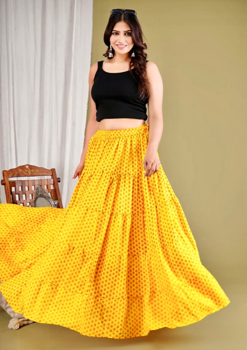 Women Printed Flared Yellow Skirt