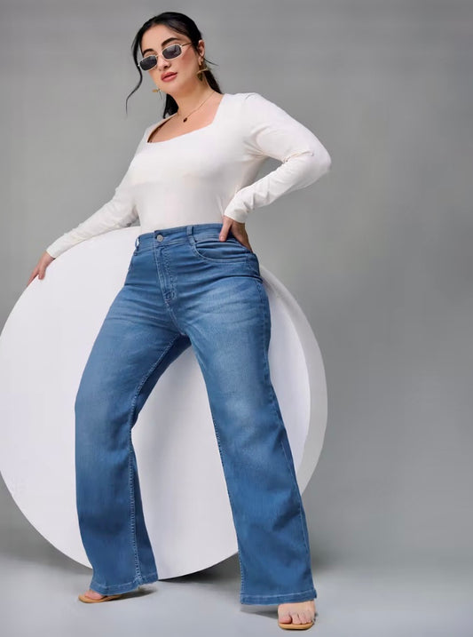 A+ Curve Collection Plus Size Women's Light Blue Wide-Leg Denim Jeans