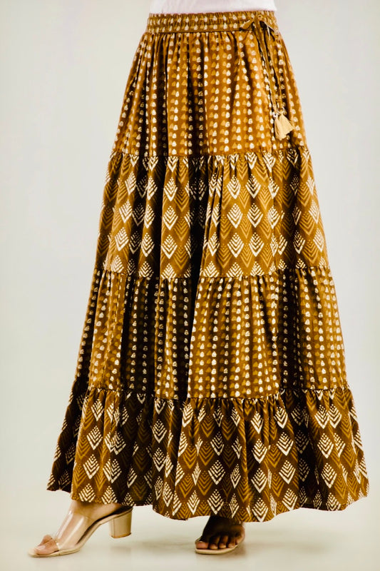 Women Printed Tiered Brown Skirt
