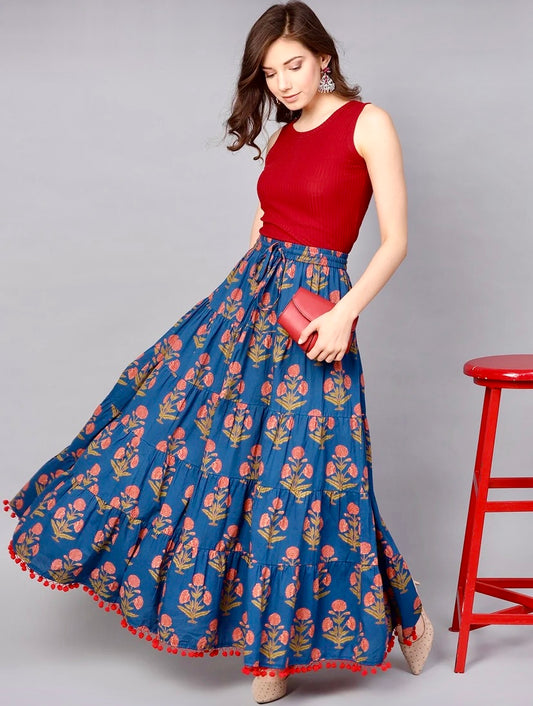 Women Floral Print Flared Blue Skirt