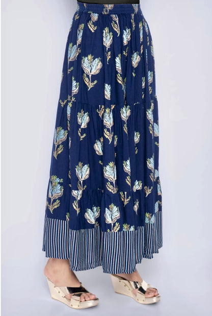 Women Printed Flared Blue Skirt