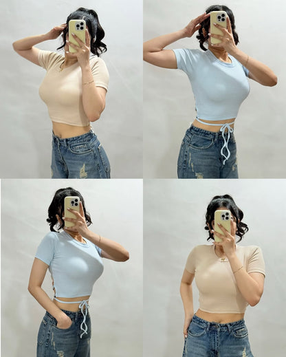 Women’s  Ribbed Full Sleeve Crop Top with Tie Detailing – Casual Stylish Wear”