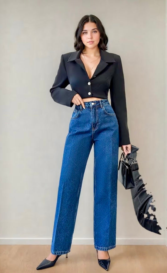 Women's Blue Washed Baggy Straight Fit Jeans