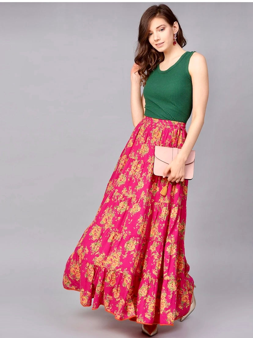 Women Floral Print Flared Pink Skirt