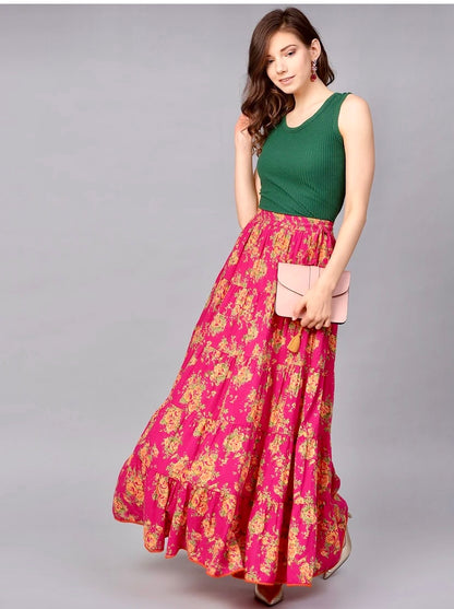 Women Floral Print Flared Pink Skirt