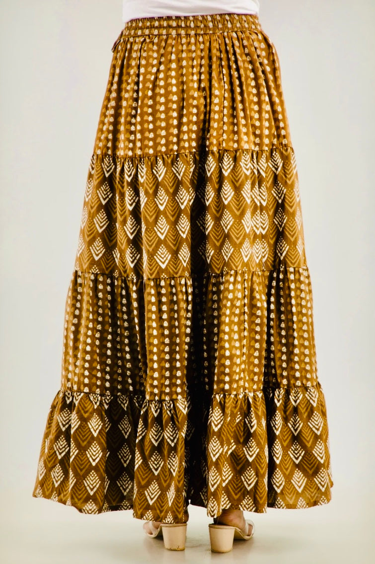 Women Printed Tiered Brown Skirt