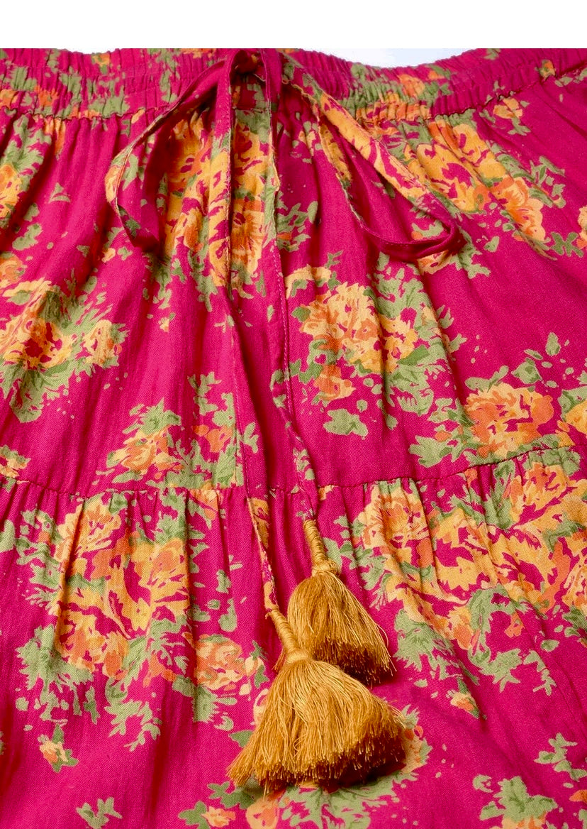 Women Floral Print Flared Pink Skirt