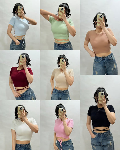 Women’s  Ribbed Full Sleeve Crop Top with Tie Detailing – Casual Stylish Wear”