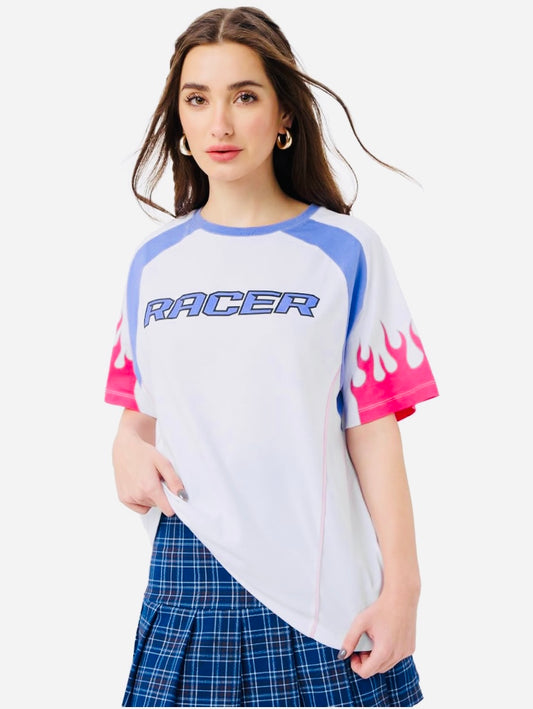 Sleeves Round Neck White Graphic Printed Cotton Oversized T-Shirts