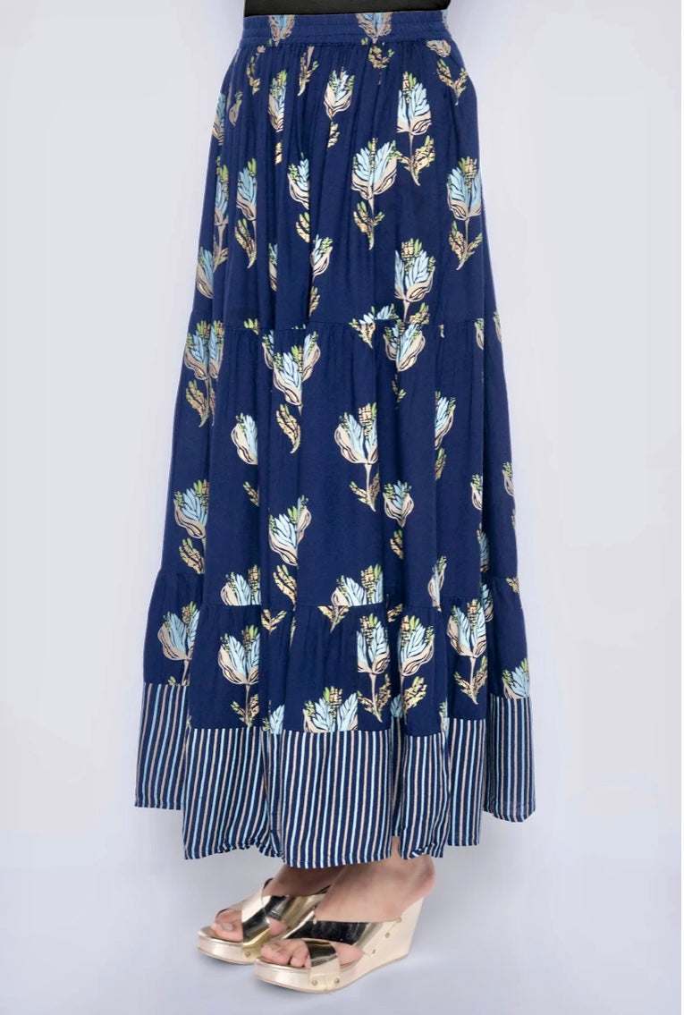 Women Printed Flared Blue Skirt