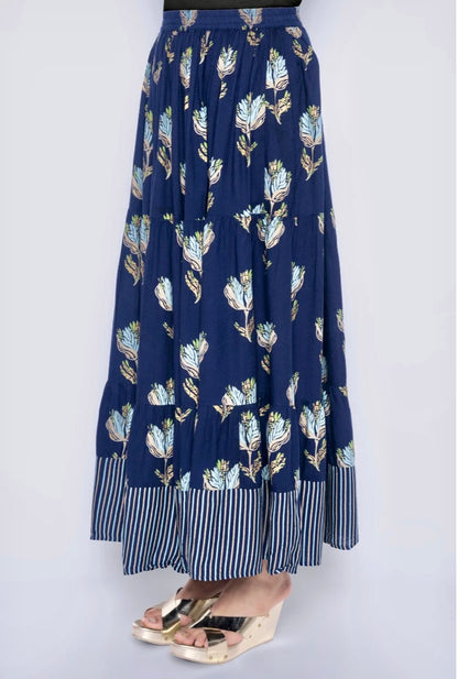 Women Printed Flared Blue Skirt