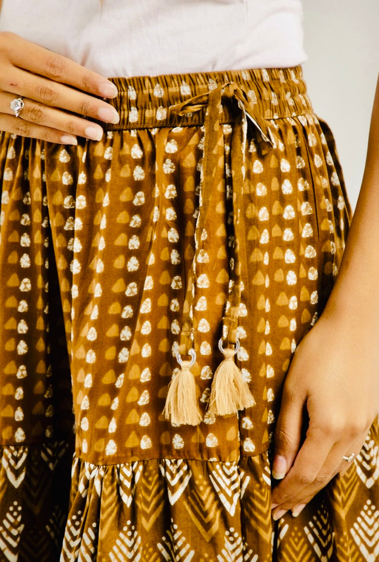 Women Printed Tiered Brown Skirt