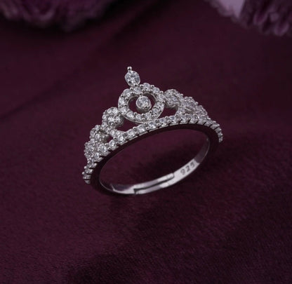 ZALKARI Silver Crown Diamond Studded Ring (Adjustable)