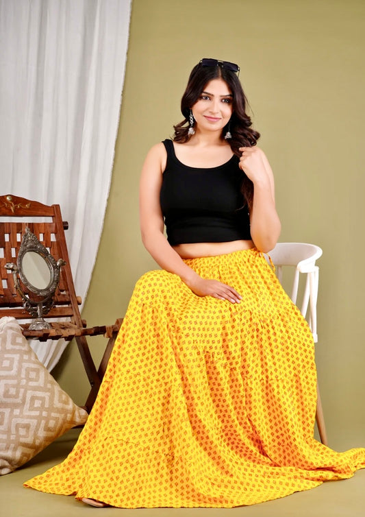 Women Printed Flared Yellow Skirt