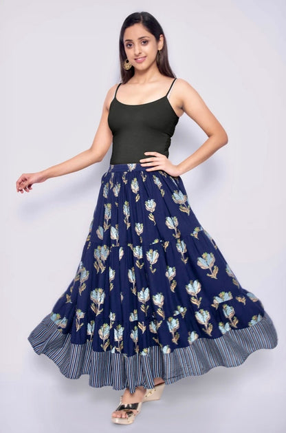 Women Printed Flared Blue Skirt