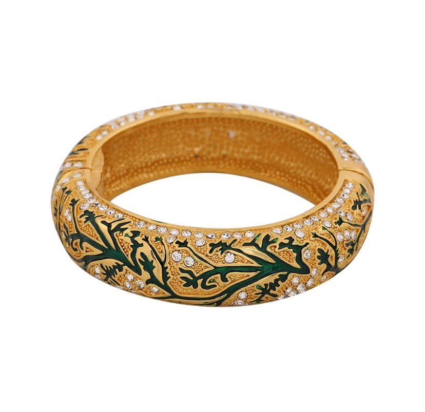 Estele Gold Plated Artistic Leafy Traditional Kada 2:6 Size Bangle Bracelet with Green Enamel I Perfect Fit & Timeless Elegance for Women