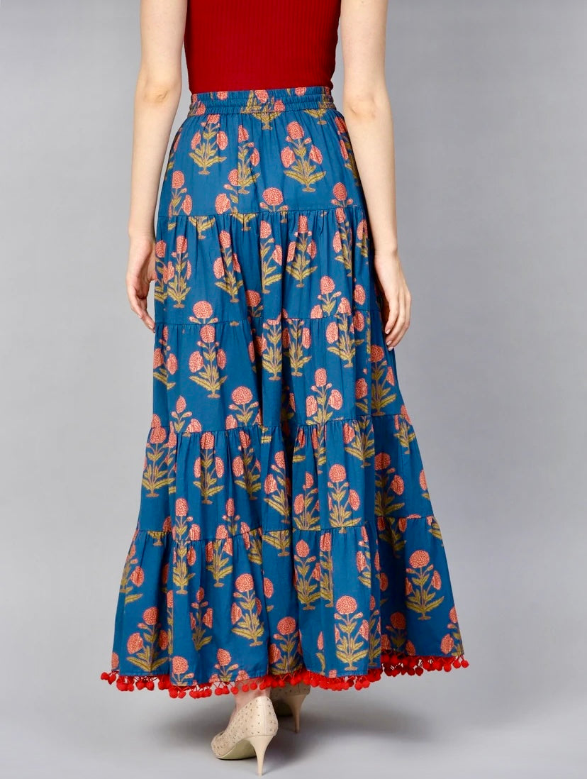 Women Floral Print Flared Blue Skirt
