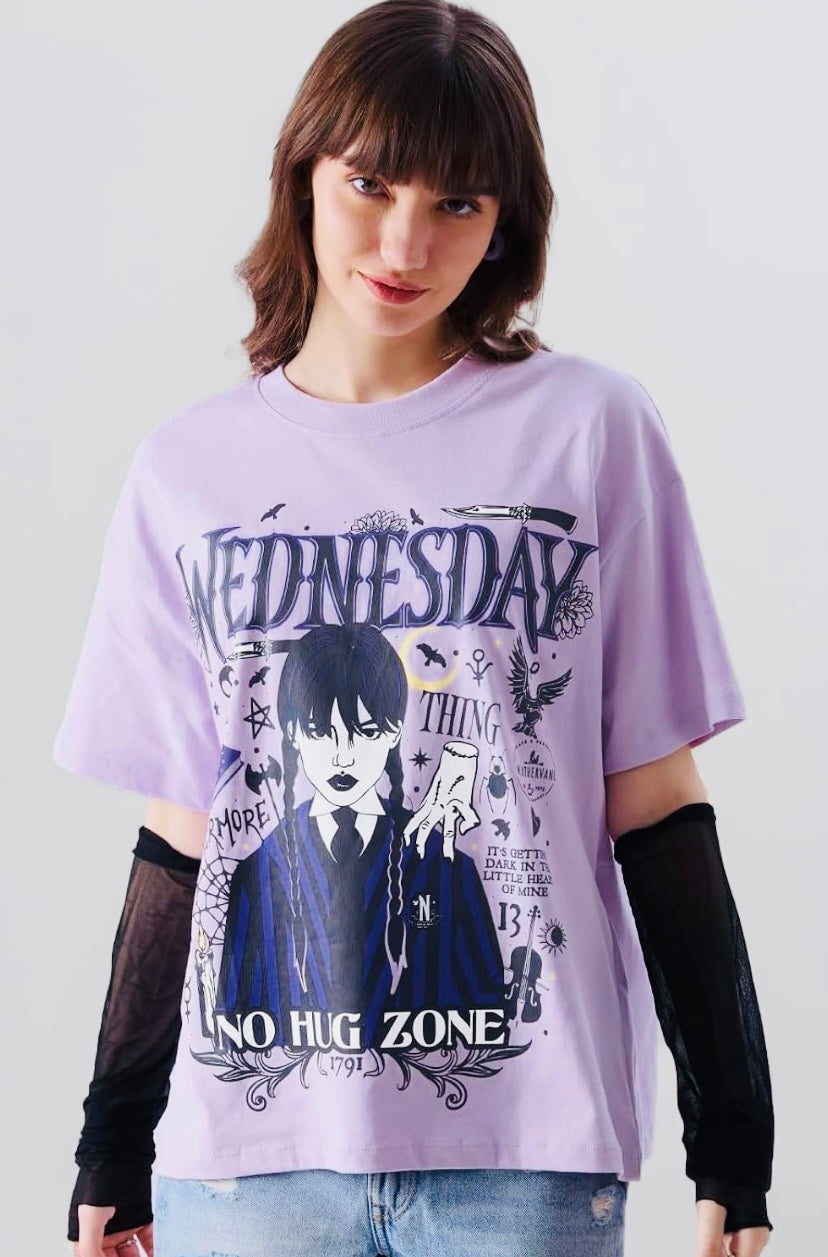 Wednesday: Zero Hugs Given Womens and Girls Oversized fit Graphic Printed Half Cotton Lavender Color Women Oversized T-Shirts Oversized T Shirts for Women