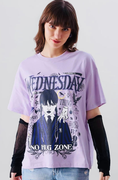 Wednesday: Zero Hugs Given Womens and Girls Oversized fit Graphic Printed Half Cotton Lavender Color Women Oversized T-Shirts Oversized T Shirts for Women