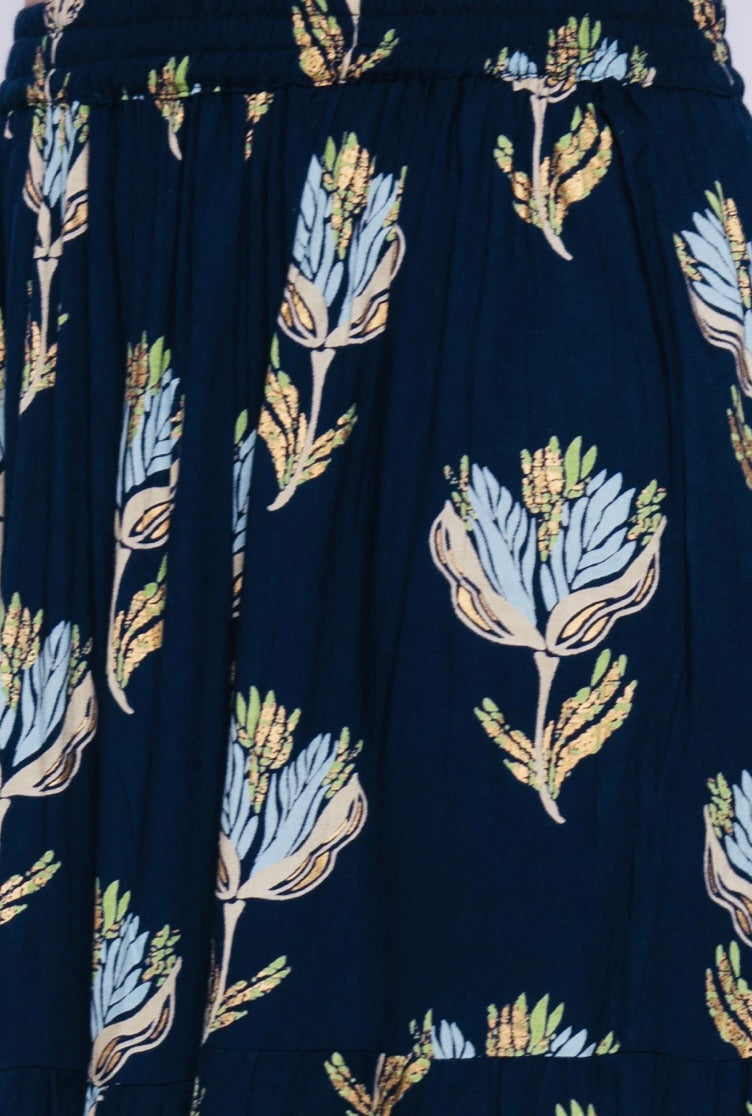 Women Printed Flared Blue Skirt