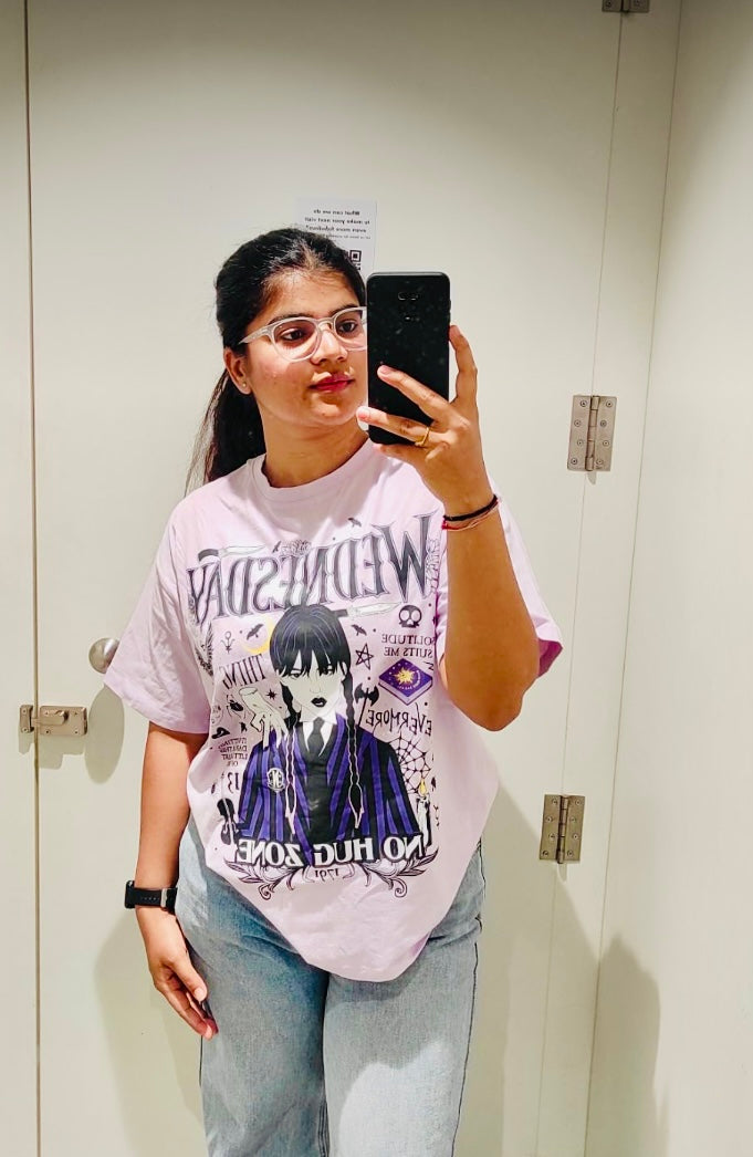 Wednesday: Zero Hugs Given Womens and Girls Oversized fit Graphic Printed Half Cotton Lavender Color Women Oversized T-Shirts Oversized T Shirts for Women