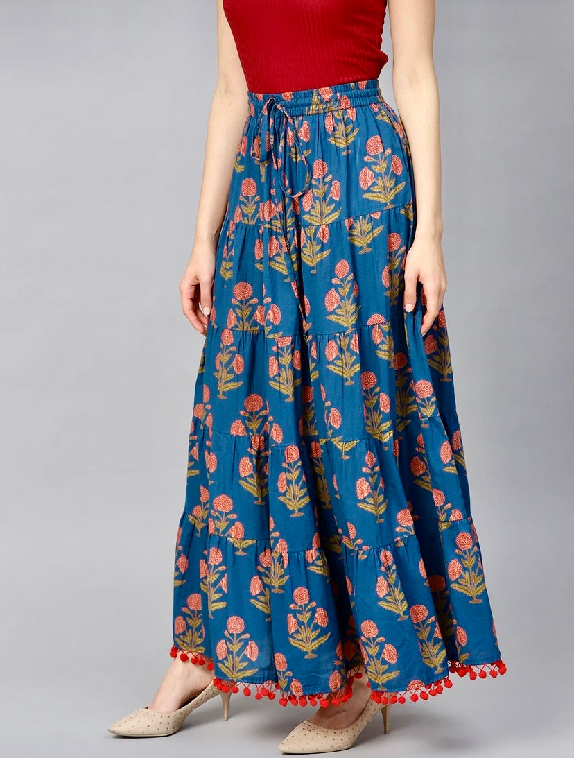 Women Floral Print Flared Blue Skirt