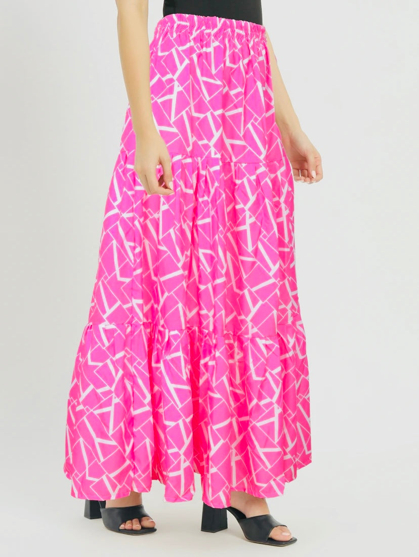 Women Printed Flared Pink Skirt