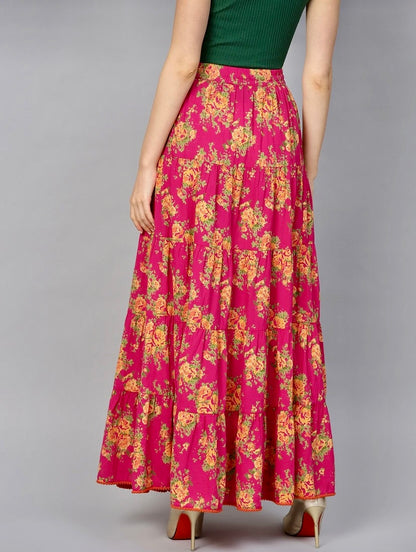 Women Floral Print Flared Pink Skirt