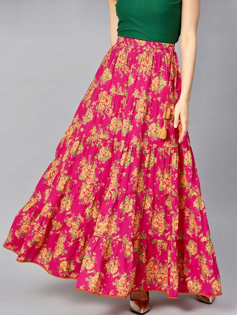 Women Floral Print Flared Pink Skirt
