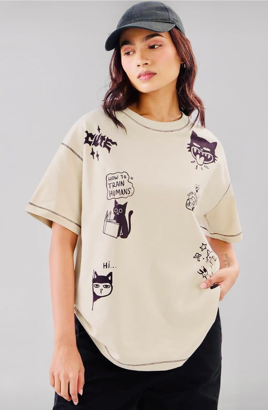 Cat Displaced Women and Girls Short Sleeves Round Neck Brown Graphic Printed CottonOversized T-Shirts