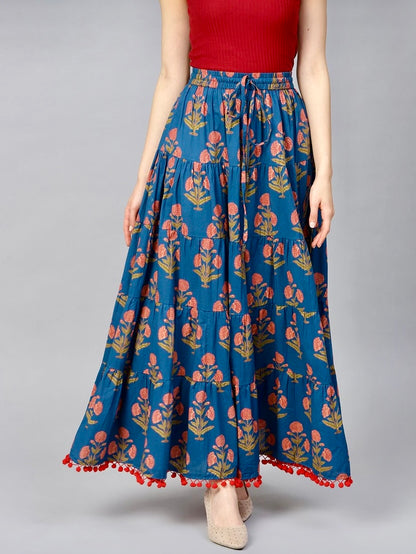 Women Floral Print Flared Blue Skirt