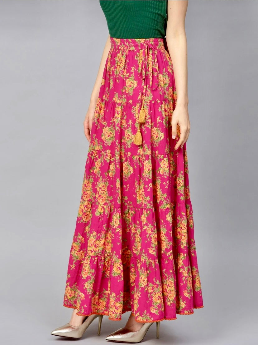 Women Floral Print Flared Pink Skirt