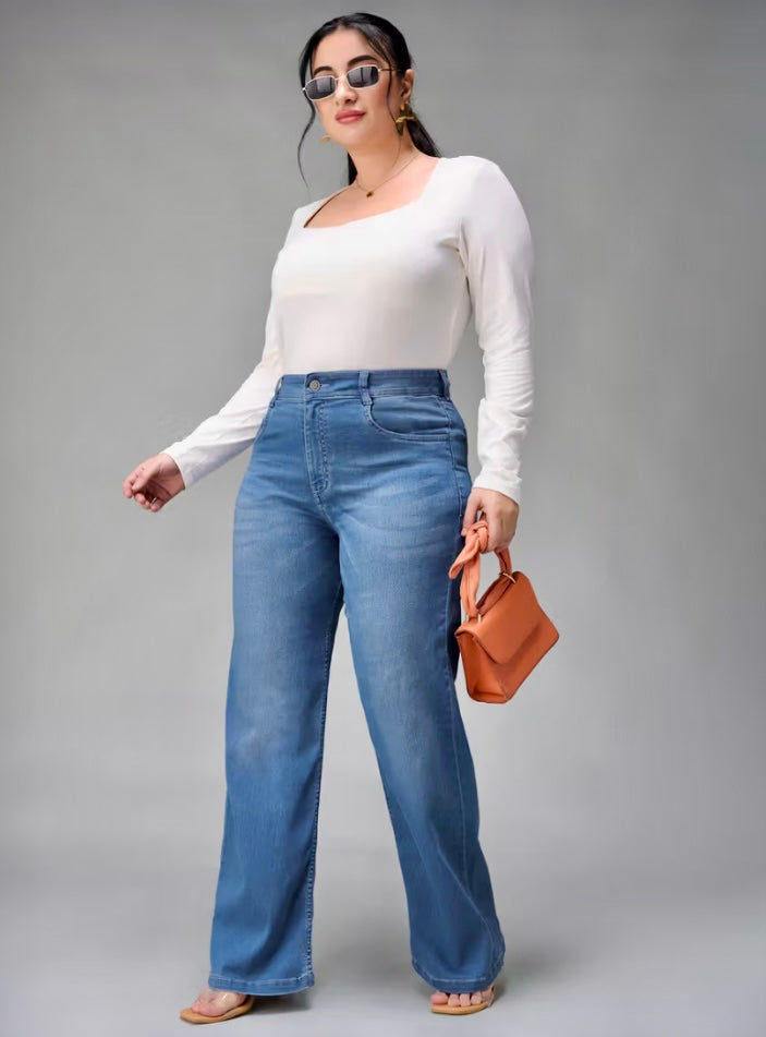 A+ Curve Collection Plus Size Women's Light Blue Wide-Leg Denim Jeans