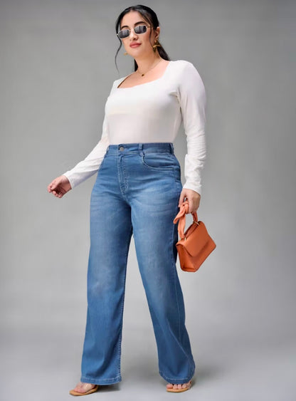A+ Curve Collection Plus Size Women's Light Blue Wide-Leg Denim Jeans
