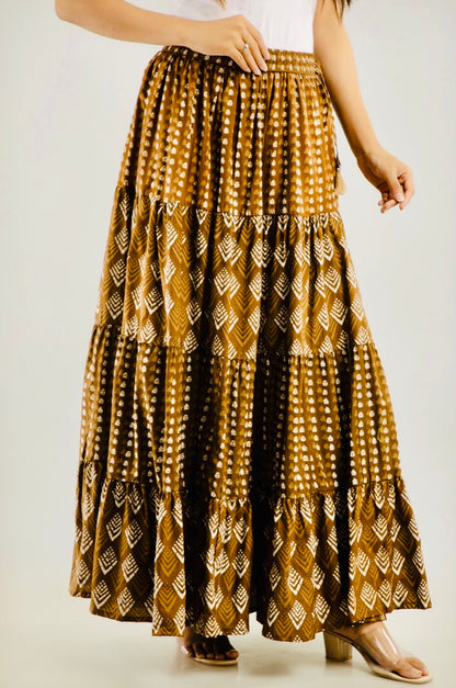 Women Printed Tiered Brown Skirt