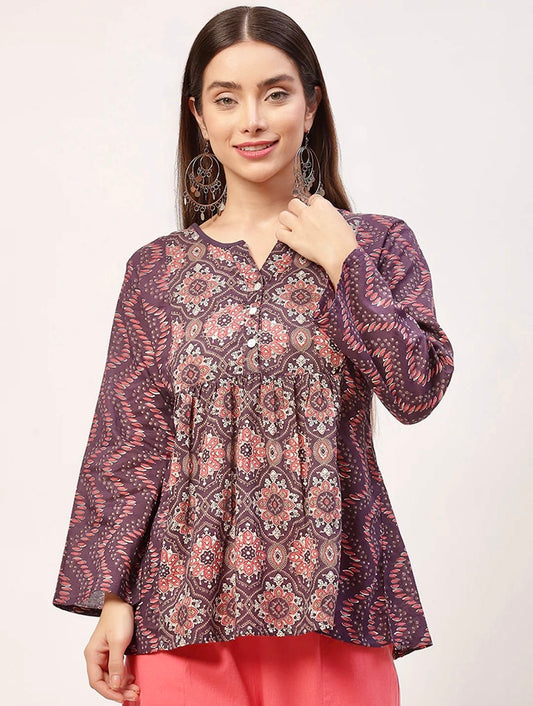 Purple Print Cotton A- Line Top