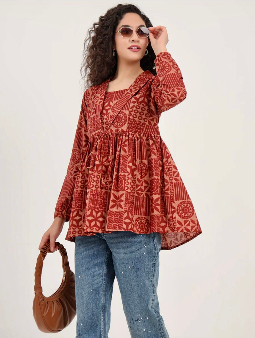 Brown Floral Cotton Fabric Lepal Coller Peplum Top