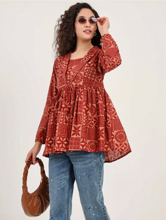 Brown Floral Cotton Fabric Lepal Coller Peplum Top