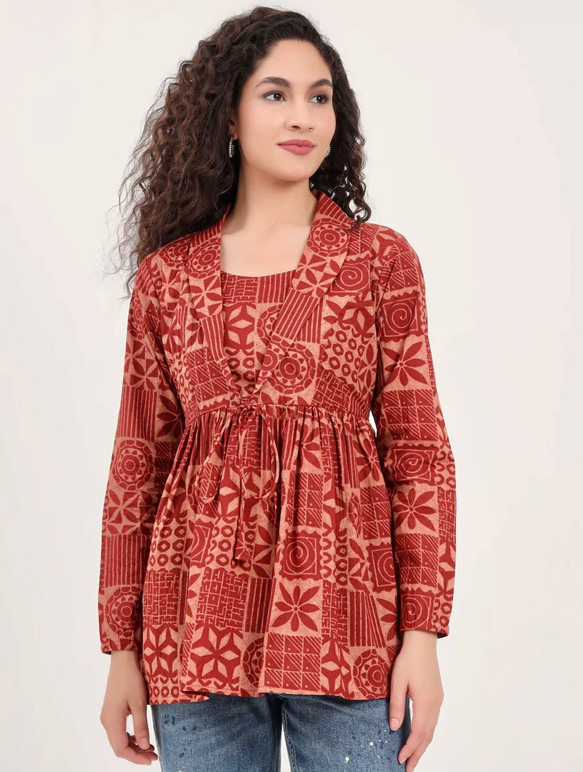 Brown Floral Cotton Fabric Lepal Coller Peplum Top