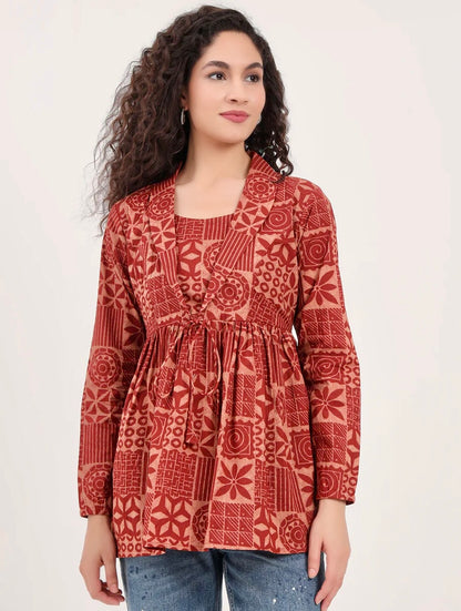 Brown Floral Cotton Fabric Lepal Coller Peplum Top