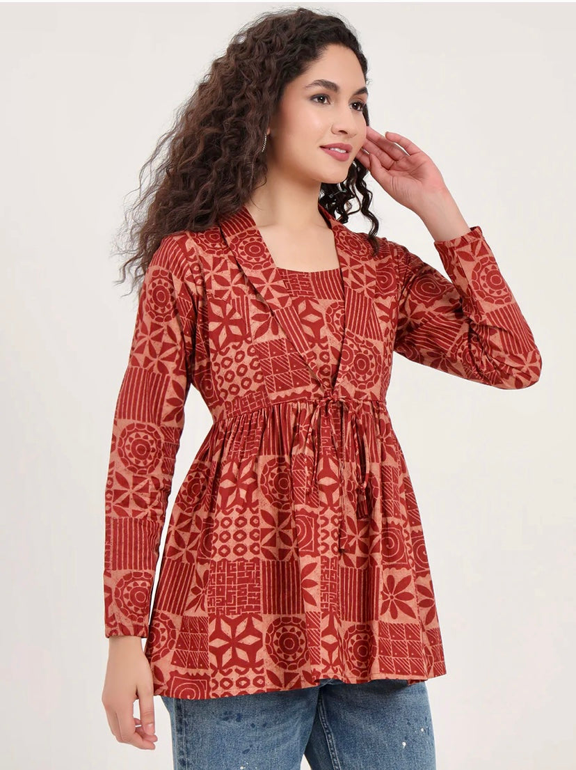 Brown Floral Cotton Fabric Lepal Coller Peplum Top