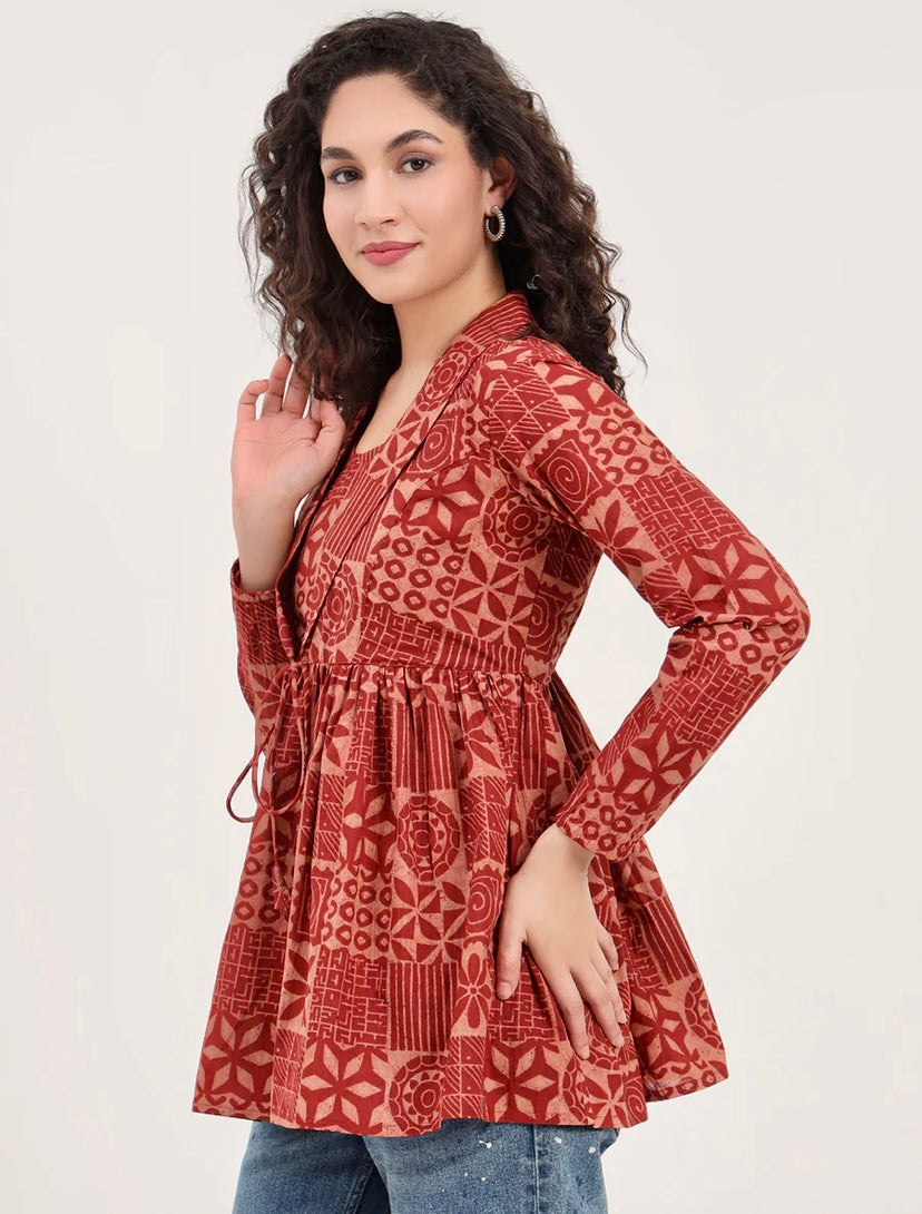 Brown Floral Cotton Fabric Lepal Coller Peplum Top