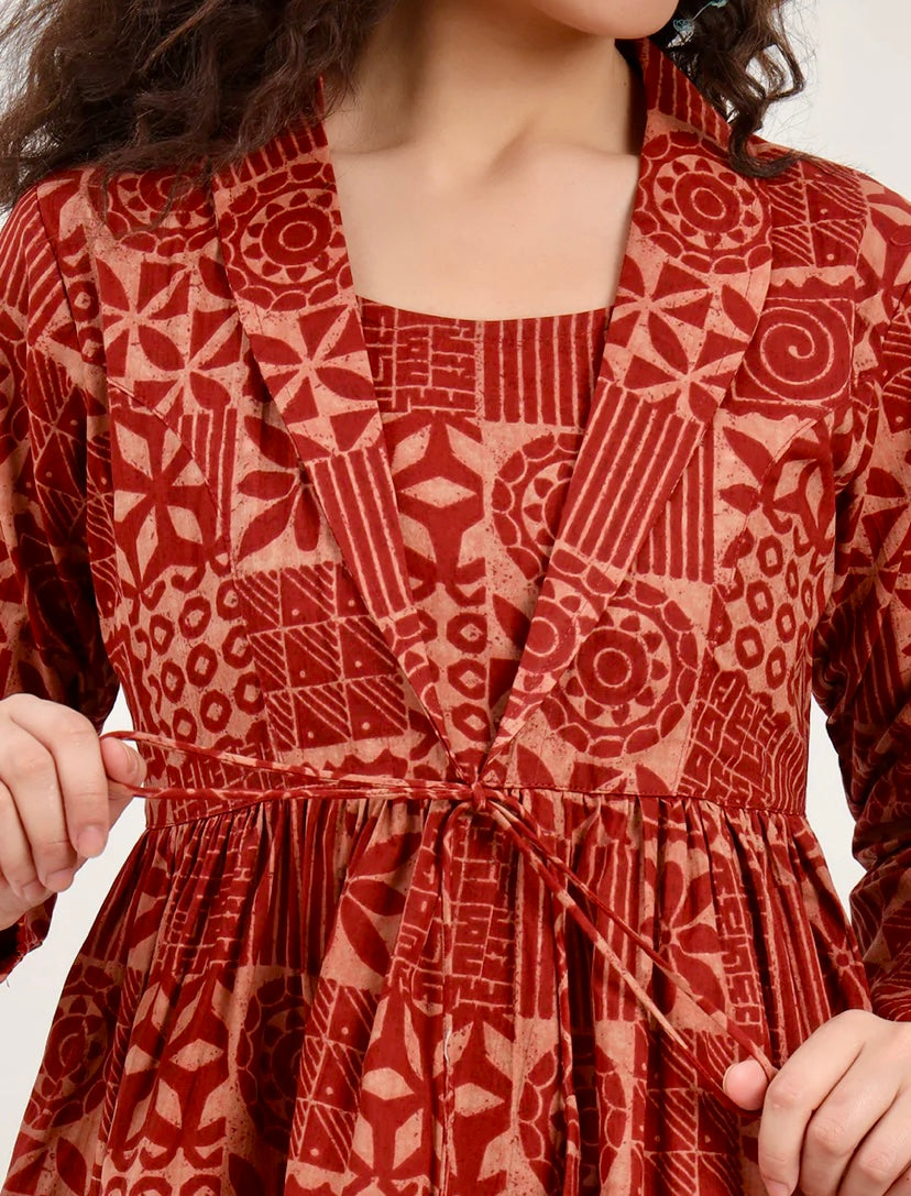 Brown Floral Cotton Fabric Lepal Coller Peplum Top