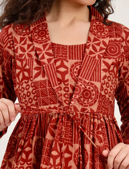 Brown Floral Cotton Fabric Lepal Coller Peplum Top