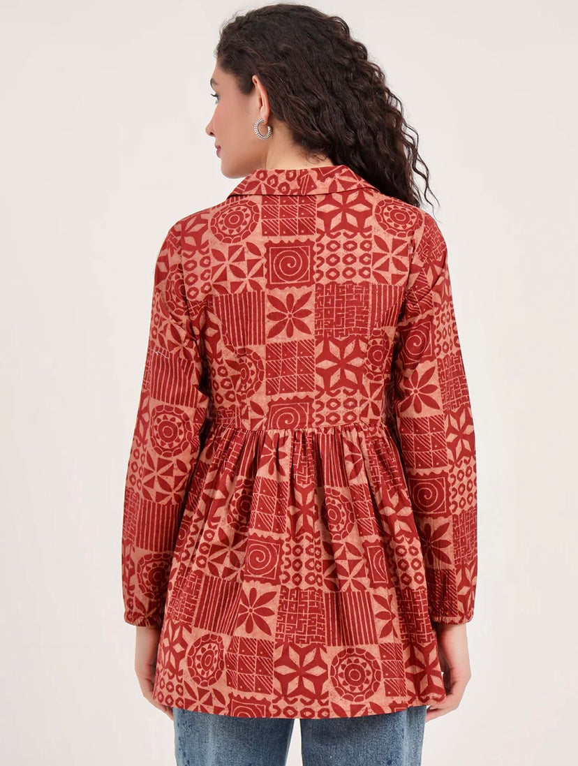 Brown Floral Cotton Fabric Lepal Coller Peplum Top