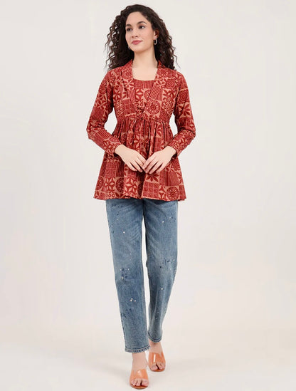 Brown Floral Cotton Fabric Lepal Coller Peplum Top